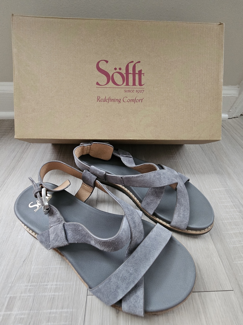 Sofft Gray Suede Strappy Comfort Sandals, 39/US8